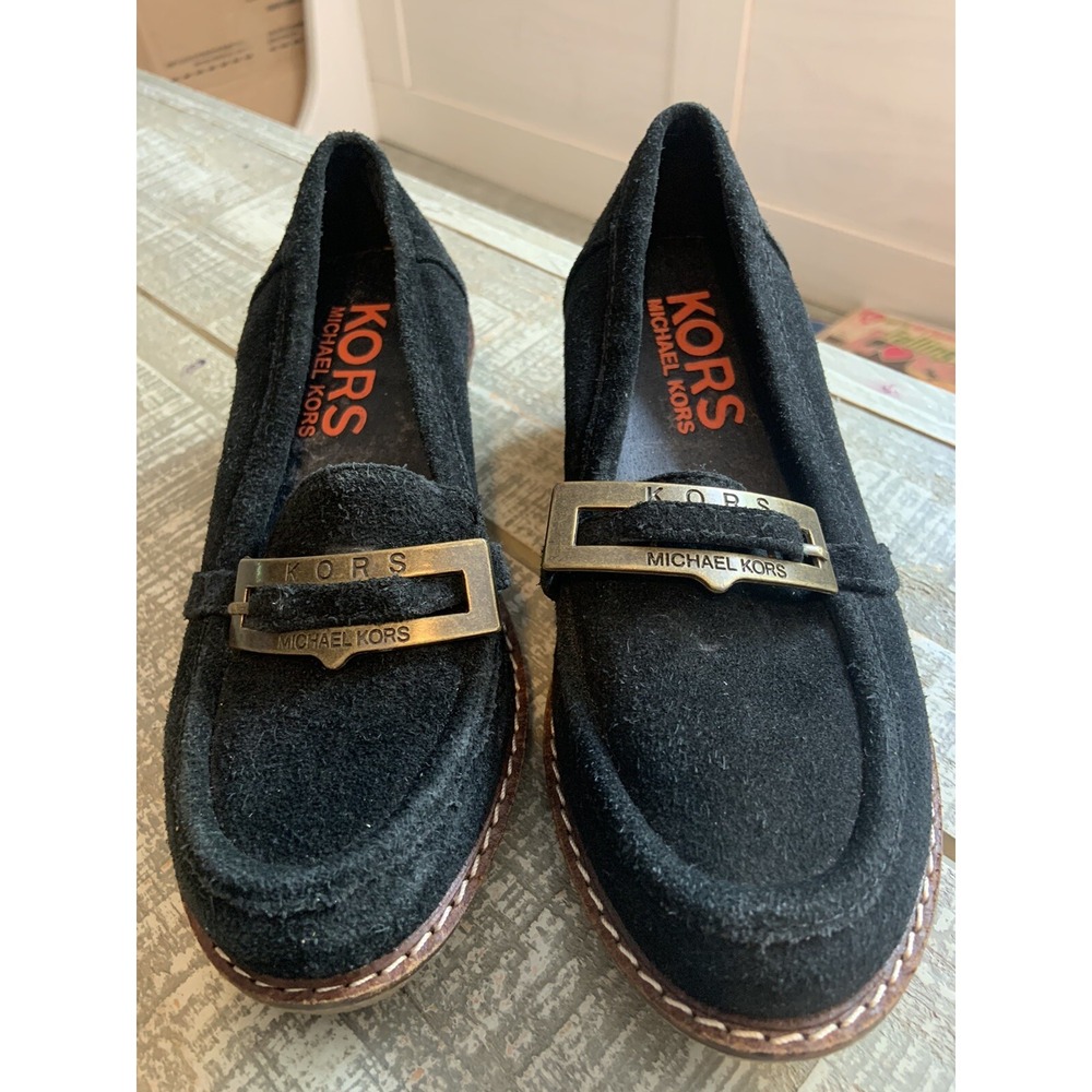 Michael Kors Miss Zoey Girl's Black Wedge Shoes Size 13 Gold Emblem